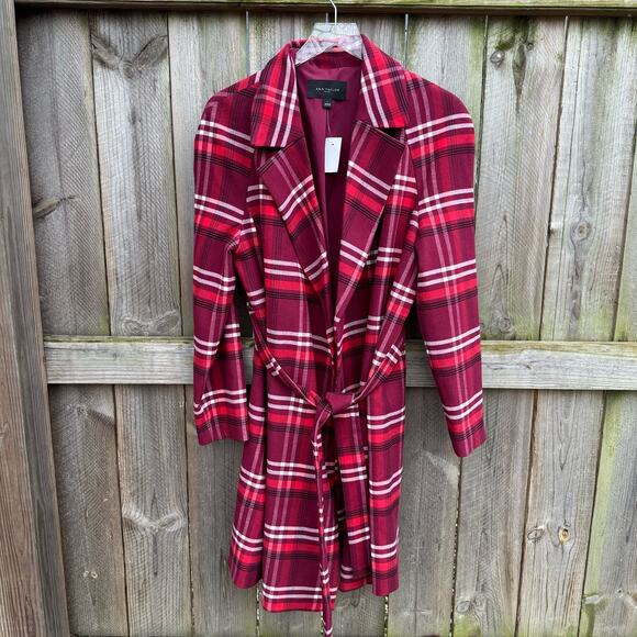 Ann Taylor Factory Trench Coat Jacket Plaid Red NWT Size Large - Picture 1 of 9